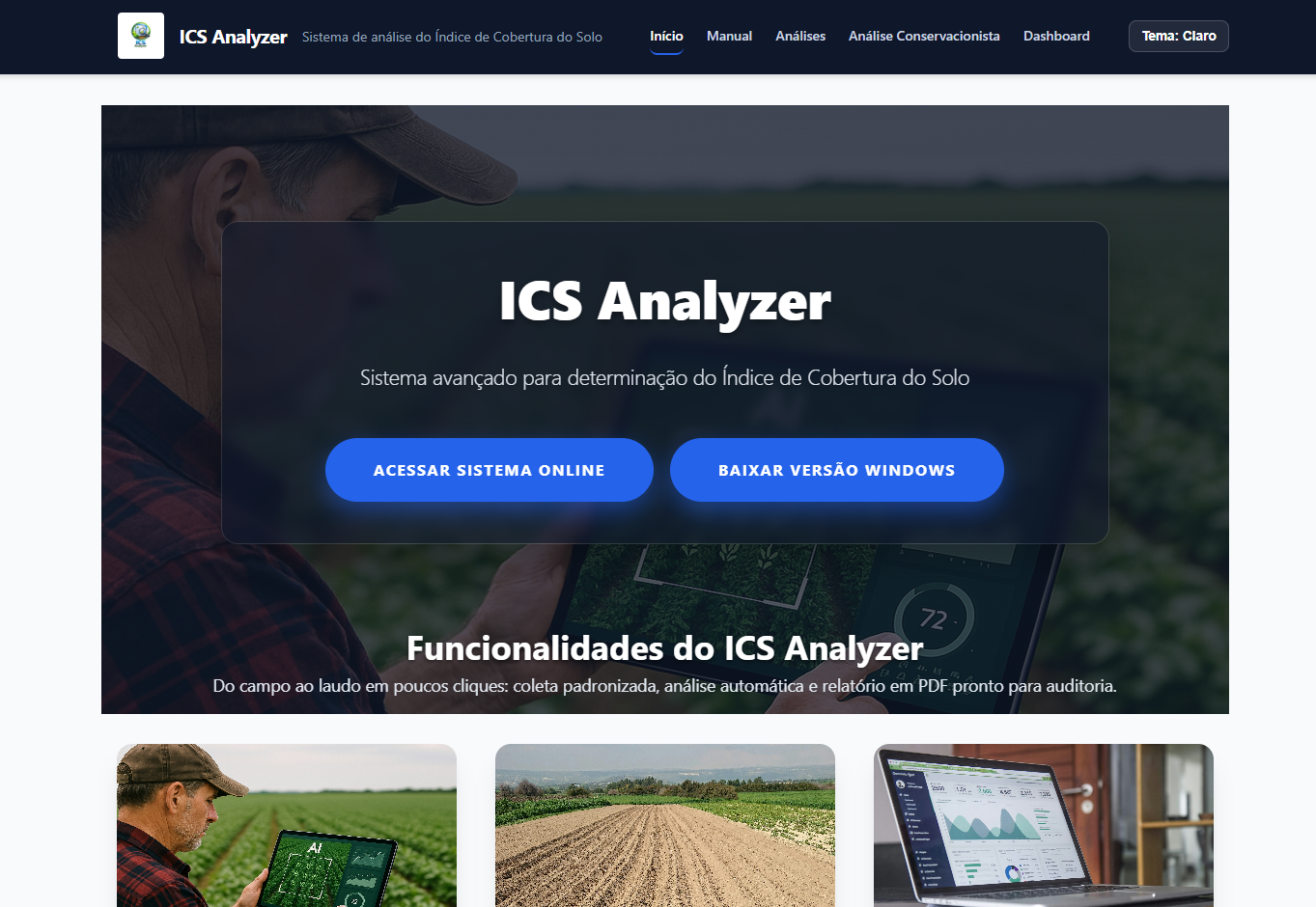 Interface do ICS Analyzer para análise do Índice de Cobertura do Solo com dashboard e machine learning