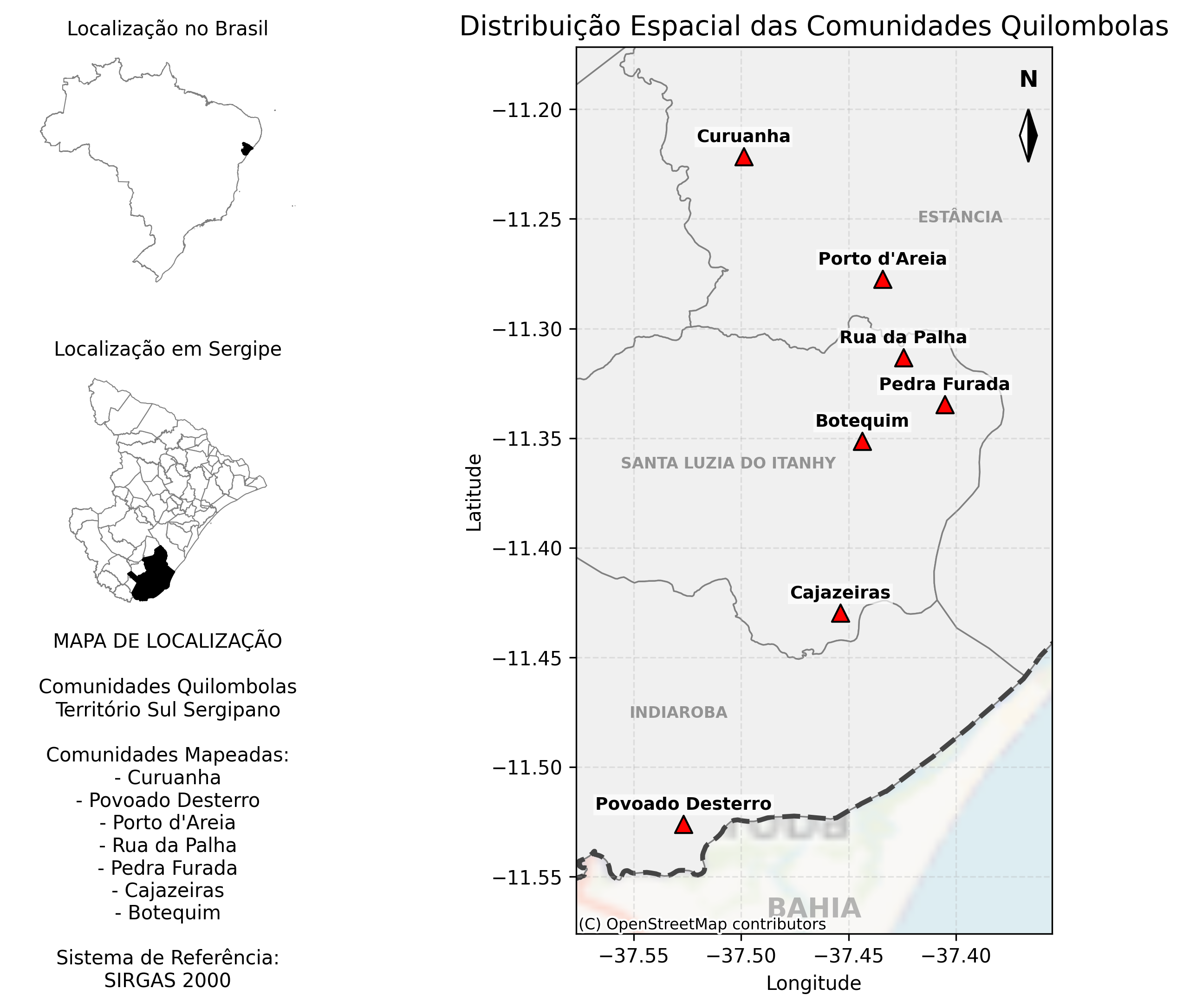 Mapa das comunidades quilombolas do Sul de Sergipe