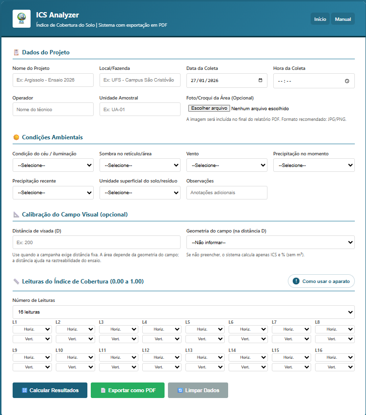 Interface do software ICS Analyzer do aparato Vistada